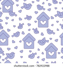 Cute seamless pattern with birds, birdhouses and hearts.Template for design, fabric, print. Greeting card Valentine's Day.