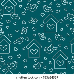 Cute seamless pattern with birds, birdhouses and hearts.Template for design, fabric, print. Greeting card Valentine's Day.