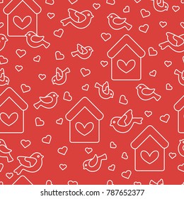 Cute seamless pattern with birds, birdhouses and hearts.Template for design, fabric, print. Greeting card Valentine's Day.