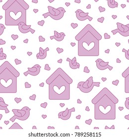 Cute seamless pattern with birds, birdhouses and hearts.Template for design, fabric, print. Greeting card Valentine's Day.