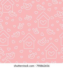 Cute seamless pattern with birds, birdhouses and hearts.Template for design, fabric, print. Greeting card Valentine's Day.