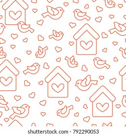 Cute seamless pattern with birds, birdhouses and hearts.Template for design, fabric, print. Greeting card Valentine's Day.