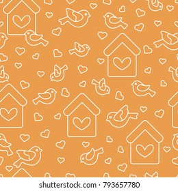 Cute seamless pattern with birds, birdhouses and hearts.Template for design, fabric, print. Greeting card Valentine's Day.