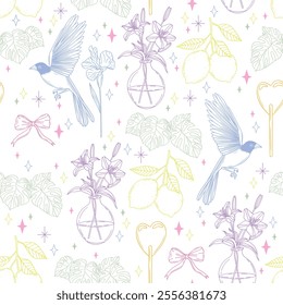 Cute Seamless Pattern with Birds, Bows, Flowers in Vases, Lemons, and Lollipops. Hand-Drawn Vector background