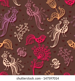 Cute seamless pattern with birds, butterflies and flowers. Vector illustration. Can be used for wallpapers, fills, web page background, surface textures.