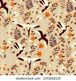 Cute Seamless Pattern with Birds in Doodle Style. Hand Drawn Vector Illustration.