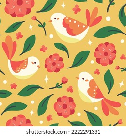 Cute seamless pattern with birds and floral elements. Vector illustration with cartoon drawings for print, fabric, textile.