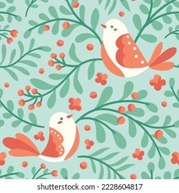 Cute seamless pattern with birds and floral elements. Vector illustration with cartoon drawings for print, fabric, textile.