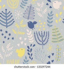 Cute seamless pattern with birds and flowers. Abstract floral background for your design. Vector illustration