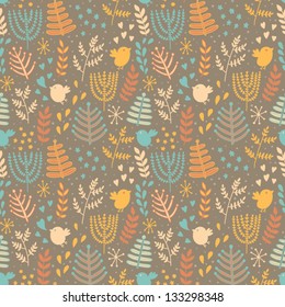 Cute seamless pattern with birds and flowers. Abstract floral background for your design. Vector illustration