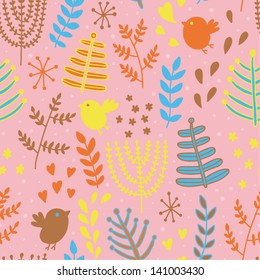 Cute seamless pattern with birds and flowers. Abstract floral background for your design. Vector illustration