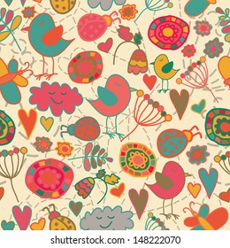 Cute Seamless Pattern with Birds and Flowers