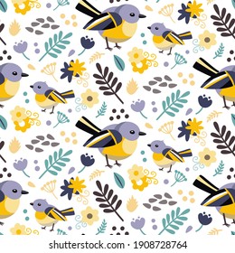 Cute seamless pattern with birds and flowers. Vector graphics