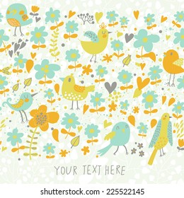 Cute seamless pattern. Birds in flowers vector illustration