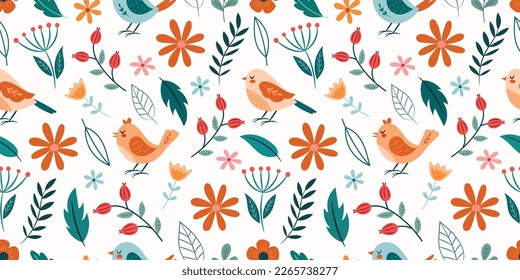 Cute seamless pattern with birds and flowers