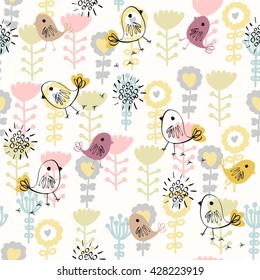 Cute seamless pattern with birds and flowers. Spring vector background.