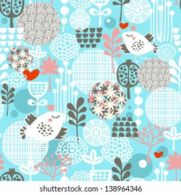 Cute seamless pattern with  birds, hearts and flowers. Vector texture.