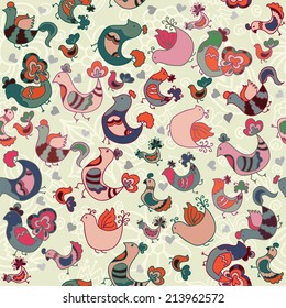 Cute seamless pattern with birds and hearts. Vector illustration