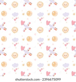 Cute seamless pattern with birds, moon, sun, hearts in the sky. Valentine's Day print, suitable for children. Hand drawn vector illustration