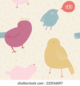 Cute seamless pattern with birds in pastel colors. Lovely birds background in cartoon style. Cute background for kids with birds and "Hello" speech bubble