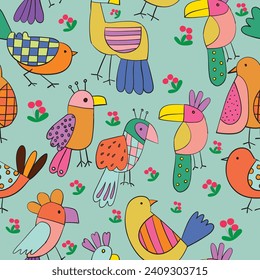 Cute seamless pattern  birds. A simple doodle print for the design of children's clothes, nursery wallpaper, baby products. Endless repeating ornament.