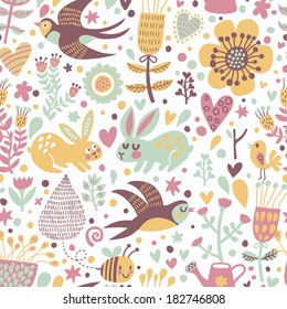Cute seamless pattern with birds swallows, rabbits, bees and flowers. Stylish floral background in modern popular colors in vector
