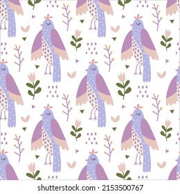 Cute seamless pattern, birds. Vector background.
