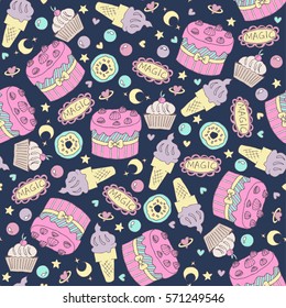 cute seamless pattern with birthday cake, donuts and ice-cream flying in open space
 