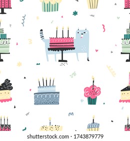 Cute seamless pattern with Birthday cream cakes and funny cat. Colorful decorative doodle party elements. Vector texture.