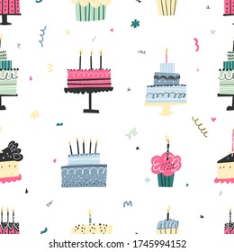 Cute seamless pattern with Birthday cream cakes. Colorful decorative doodle party elements. Vector texture.