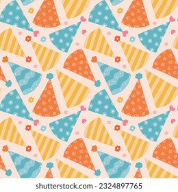 Cute seamless pattern with birthday party hats in groovy style. Childish design with holiday caps for wrapping paper, prints, background, fabric, scrapbook. Bright holiday digital paper for kids.