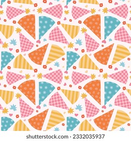 Patrón perfecto con sombreros de cumpleaños en estilo groovy. Diseño infantil con cápsulas de vacaciones para envolver papel, impresiones, fondo, tela, scrapbook. Papel digital de vacaciones brillante para los niños.
