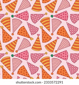 Cute seamless pattern with birthday party hats in groovy style. Childish design with holiday caps for wrapping paper, prints, background, fabric, scrapbook. Bright holiday digital paper for kids.