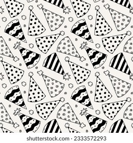 Cute seamless pattern with birthday party hats in doodle outline style. Childish design with holiday caps for wrapping paper, prints, background, fabric, scrapbook. Holiday digital paper for kids.