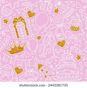 Cute seamless pattern for birthday. Repeating template with glitter crown, gift box, cake, garland, balloons and confetti. Festive design for parties and holidays. Outline flat vector illustration