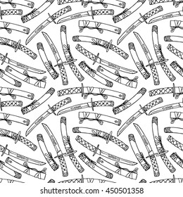 cute seamless pattern of black beautiful Japanese katanas on white a background. hand-drawn illustration