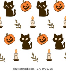 Cute seamless pattern with black cat, candle and pumpkin. Halloween seamless pattern.