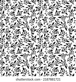 Cute seamless pattern with black ditsy flowers and leaf . Seamless  texture for fashion prints, wrapping, textile, paper, wallpaper.  Vector graphic illustration.