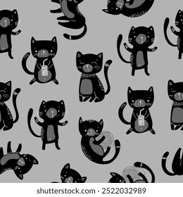 Cute seamless pattern with black Kittens on grey. Cat childish pattern for fabric, textile, wallpaper, cover and other. Vector Illustration