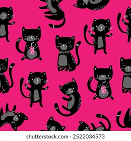 Cute seamless pattern with black Kittens on pink. Cat childish pattern for fabric, textile, wallpaper, cover and other. Vector Illustration