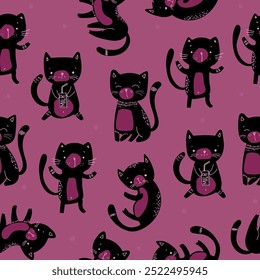 Cute seamless pattern with black Kittens on pink. Cat childish pattern for fabric, textile, wallpaper, cover and other. Vector Illustration