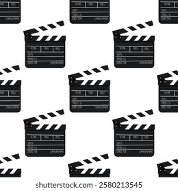 A cute seamless pattern with black movie clapper board. Fun cinema production print. Background, wallpaper, wrapping paper, fabric template.