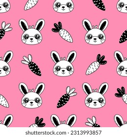 cute seamless pattern black and white doodle bunny and carrot on bright pink background