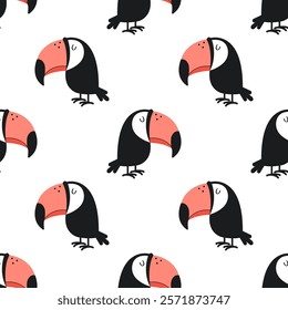 A cute seamless pattern with black and white toucan birds. Fun tropical print. Background, wallpaper, textile, wrapping paper template.