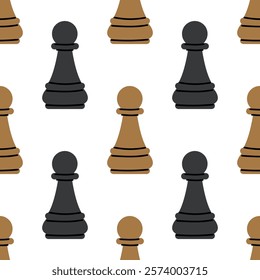 A cute seamless pattern with black and white chess pieces. Cute print with chess pawn.