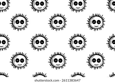 Cute seamless pattern black and white gothic sun Halloween. Cartoon character sun is smiling. Flat design. For wallpaper, textiles, packaging, background, website.