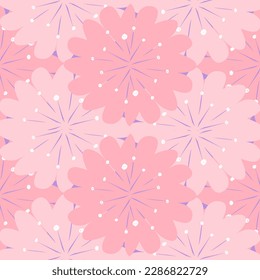 Cute Seamless Pattern Blossom Pink Sakura Flowers in Abstract spring style. Design for Castle wall, Tile, Flooring ; Interior, Wallpaper, Fabric. Floral Pastel color. Hand Drawn. Vector.
