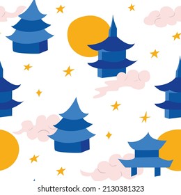 Cute seamless pattern with blue asian pagoda temples, stars, sun and cloud. Dreamy sky. Vector background for textile, fashion, wrapping paper