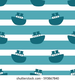 Cute seamless pattern with blue boats on the background of stripes and lines. Vector illustration for birthday, anniversary, party invitations, scrapbooking, prints, fabric, cards. Marine 