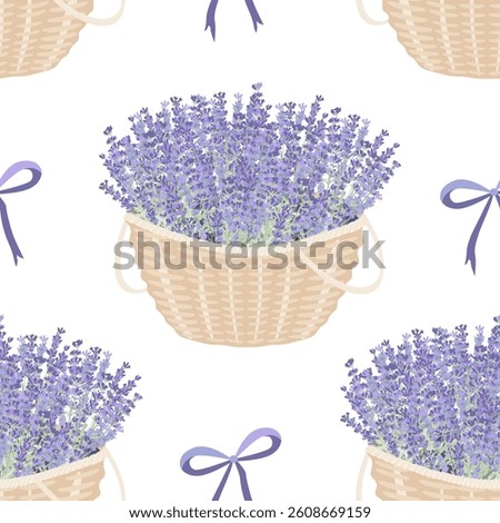 Cute seamless pattern with blue bows and lavender flowers baskets. Provence background with big bunches of fresh lavandula. Vector isolated illustration.